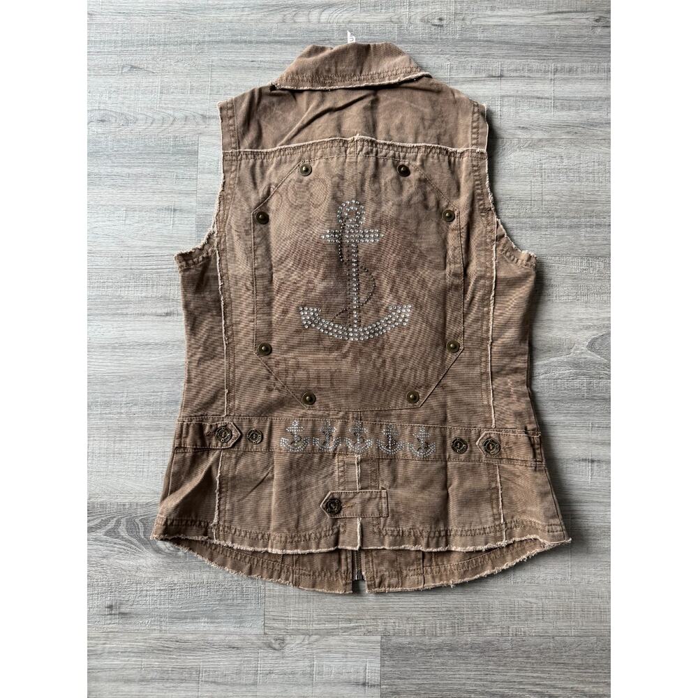Distressed Brown Green Utility Vest Studded Anchor Graphic Moto Y2K Size S NWOT - Picture 2 of 7